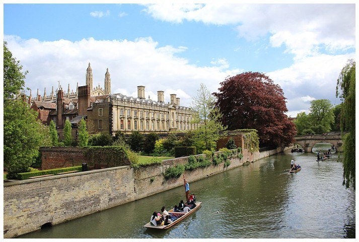 Clare College, with punts, on the river Cam.