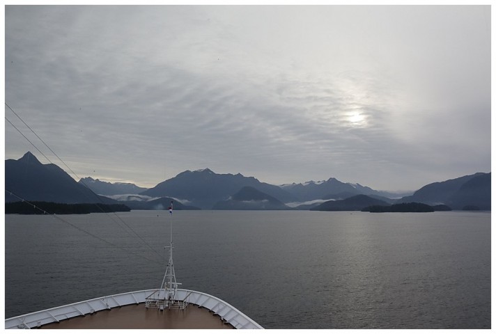 Approaching Sitka, fresh snow on the higher peaks.
