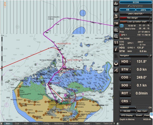 Screenshot of arrival. Our track is magenta colour.  Coming in from the north, we 'kill' time before turning to the south-east onto the first approach line.  We alter to the south briefly, this to avoid the outbound "Seven Seas Mariner" and then turn to the south-west, over the reef, (or shallow section), thence into the deeper lagoon and the berth.