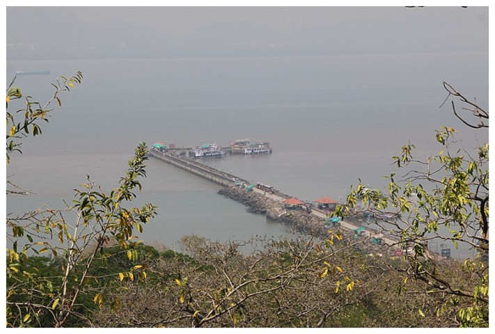 The view from the top of the hill, (where the caves are), looking down to the ferries and pier