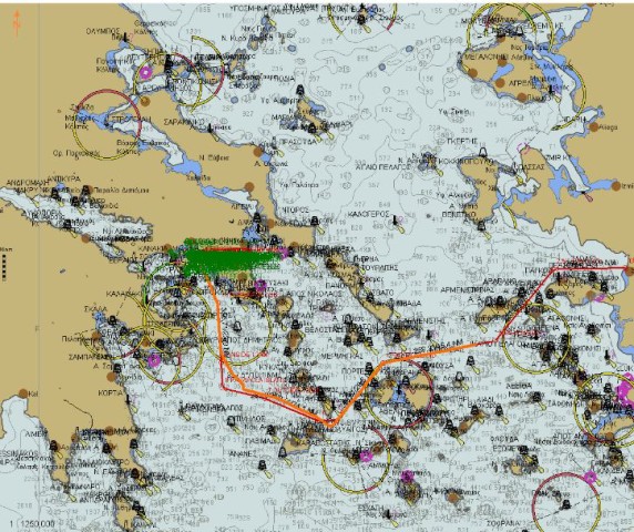 Our route across the Aegean, passing south of islands for shelter, or 'running' with the weather'.  Certainly not the most direct, but definitely the safest and most comfortable