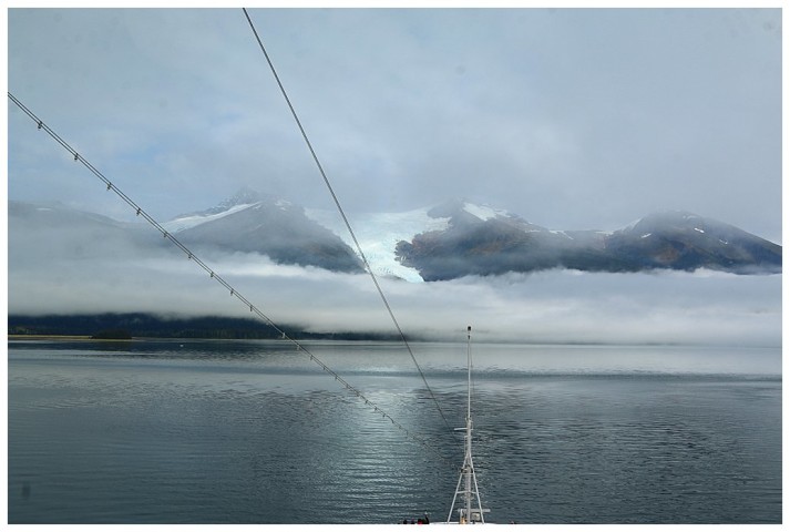 Sum Dum hanging glacier, majestic through the fog bank