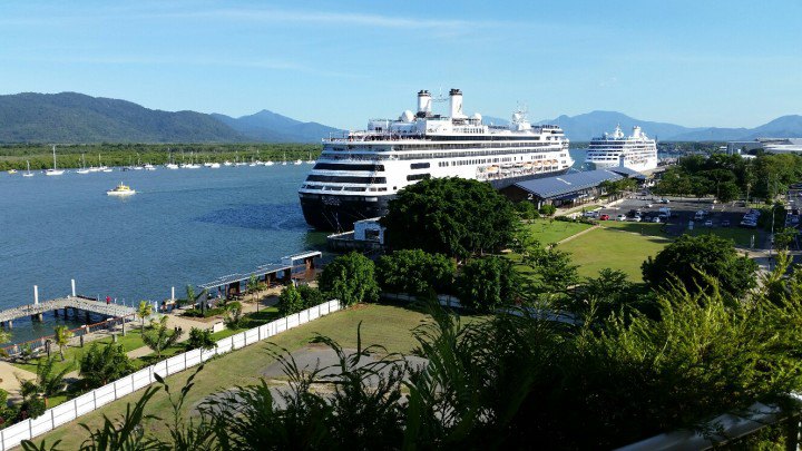 Berthed in Cairns. (Photo courtesy of Gerald Bernhoft, Director Mariners Society, from his hotel balcony)