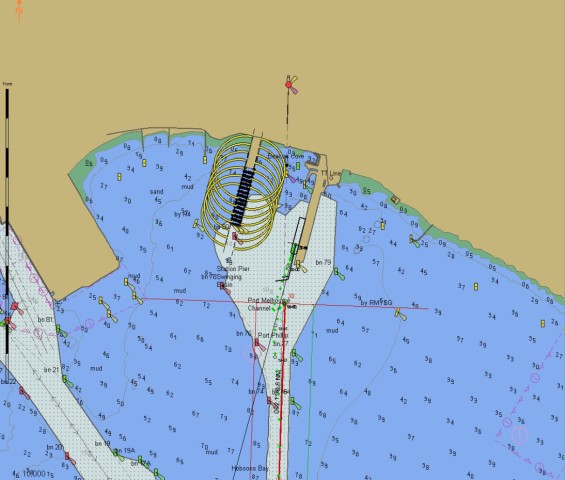 The dock, the green dots are (timed) positions of the ship, the 'wheelie to the south of the dock