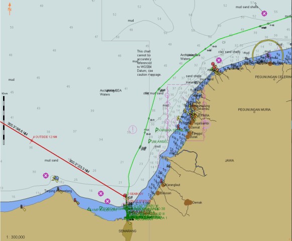 An overview of Semarang approach. The red track is our outward route, the green, our inward. Far from straight, dodging fishing boats which were out in their hundreds.