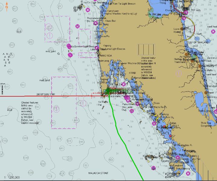 An overview of the Gulf of Thailand; our route towards Phuket, (green) on the peninsular.