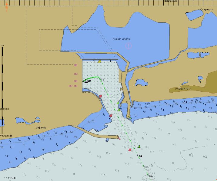 An electronic chart view of the harbour. Even this is out-of-date though; the 'light blue' to the north is already basins and berths.