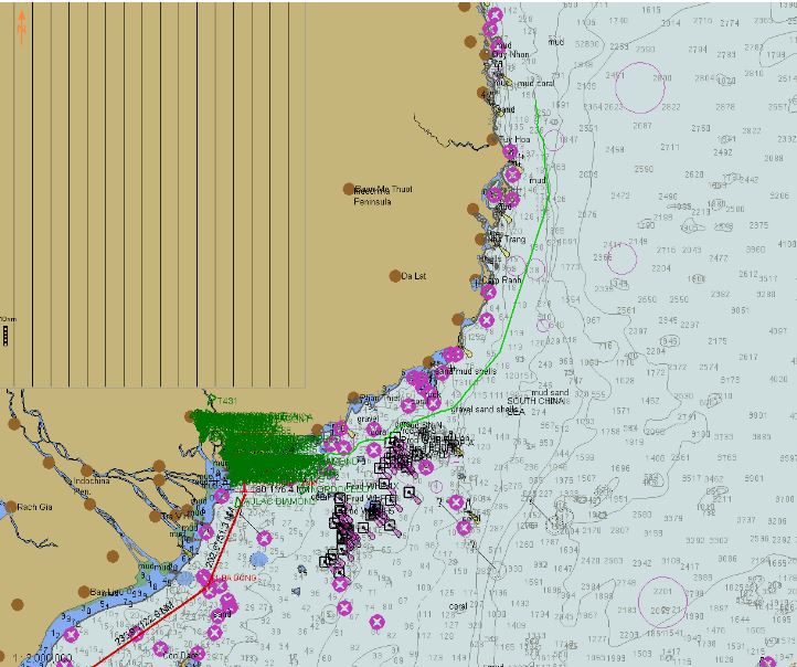 A small-scale overview of our route (green) down the Vietnamese coast