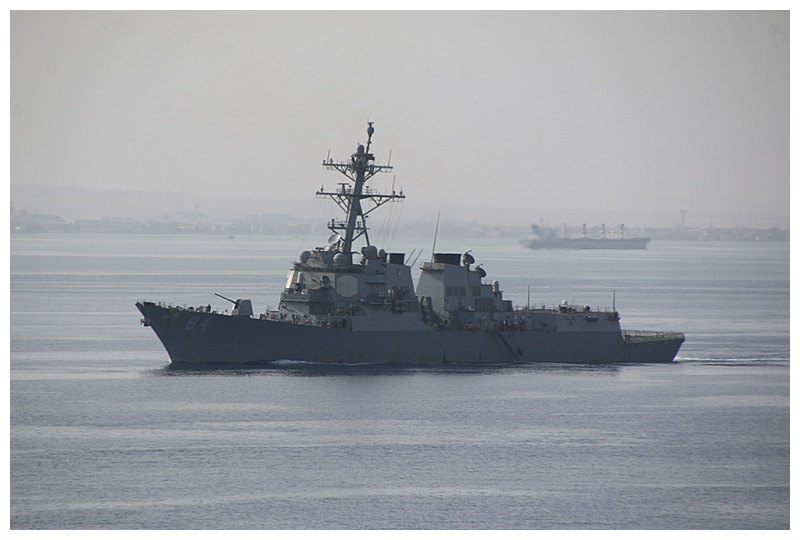 An Arleigh-Burke class destroyer leads the southbound convoy, on her way to the Red Sea and beyond?