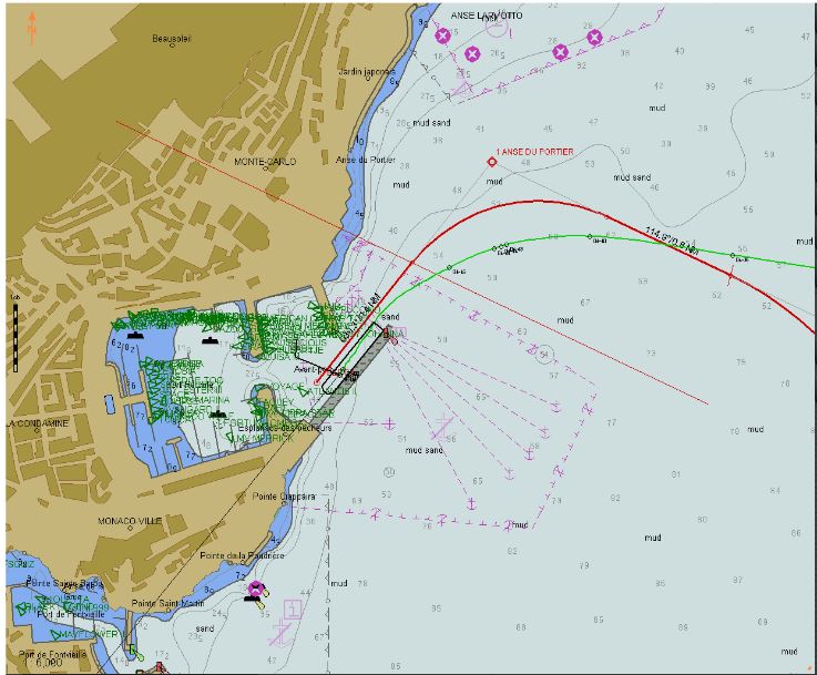 ...and the track into the berth.  The green triangles are the transponders of the yachts.