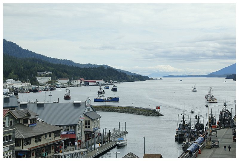 Aview of the Tongass Narrows, looking south; the fishing fleet waiting off the Cannery, to unload their salmon.
